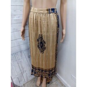 Crinkle Pleated Skirt Pull on lined Blue Gold Tone Paisley Size S